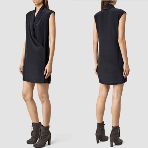 AllSaints Nast Dress Ink Blue Silk Wrap Cross Over Slit Sheath - Picture 4 of 7